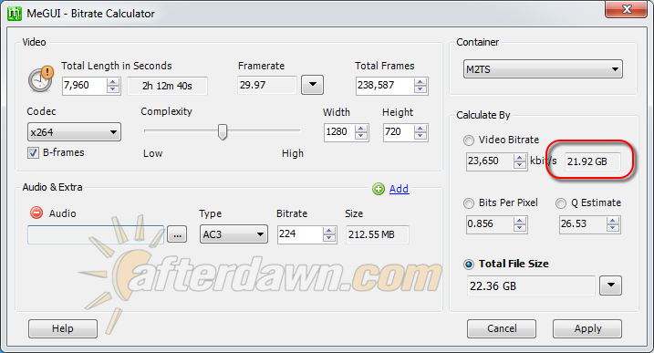 Total video size in MeGUI Bitrate Calculator - AfterDawn.com