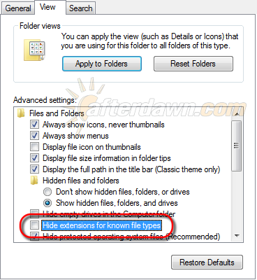 Turn off Hide File Extensions option in Windows Explorer - AfterDawn.com